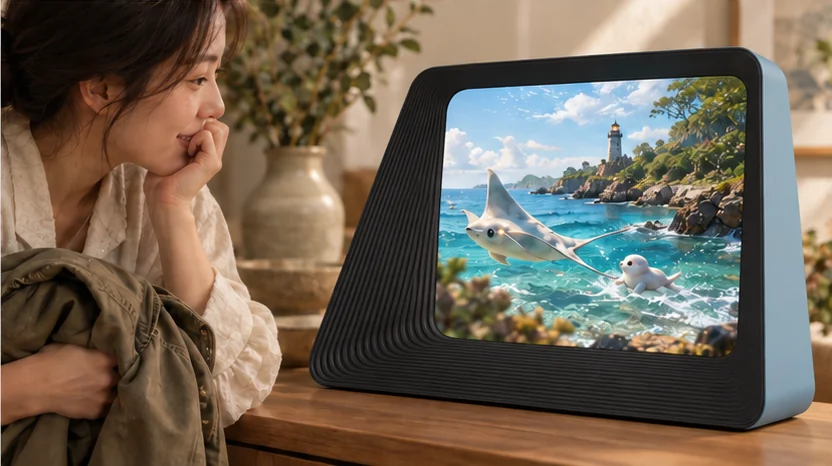 A woman interacting with her AI companion as it explores a coastline