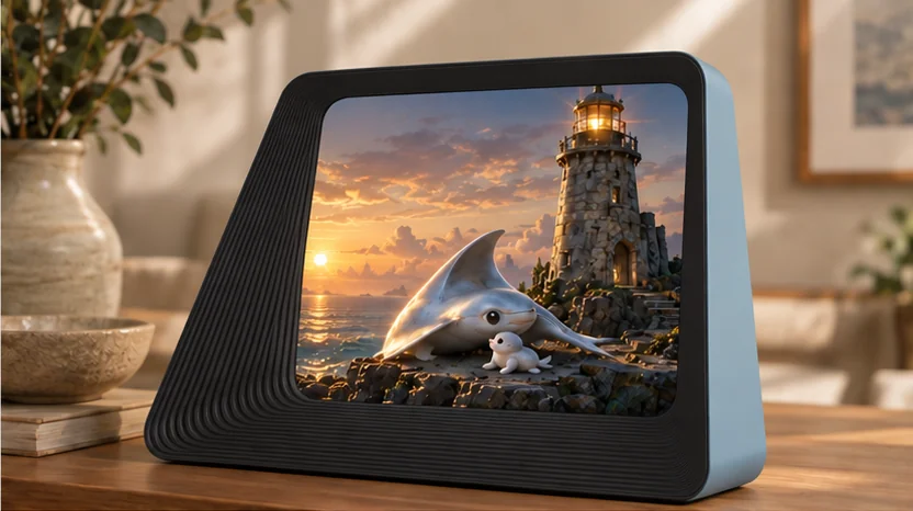 An AI creature beside a lighthouse in the world inside a Para Para HomeHub