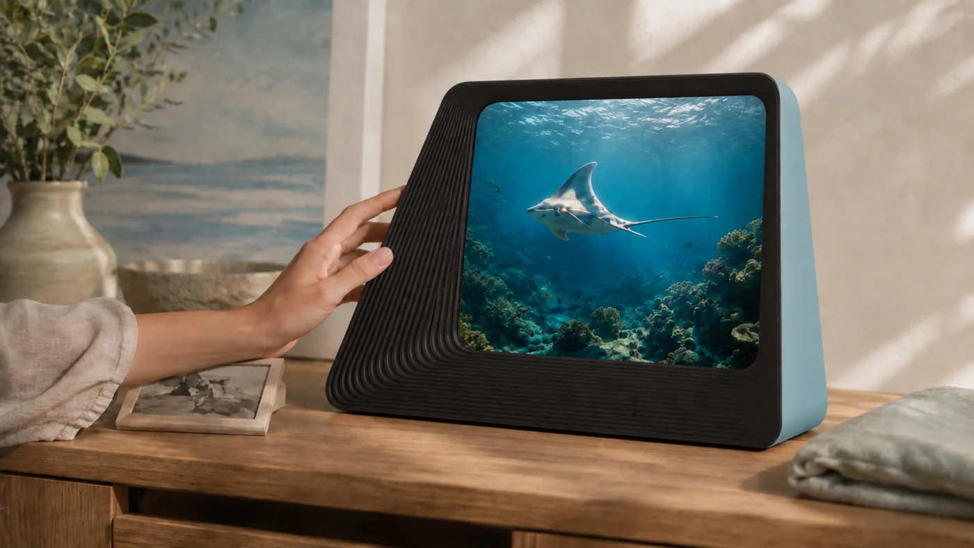 A hand reaching toward a Para Para HomeHub displaying a living ocean world