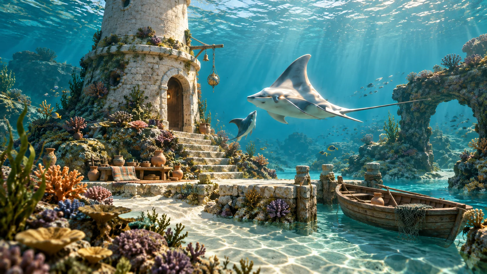 Para Para concept artwork: a manta ray exploring an underwater world of coral, ancient architecture, and shafts of sunlight